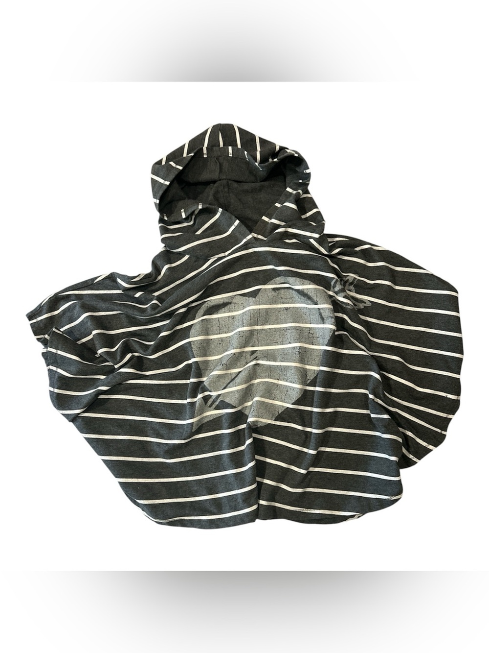 LOL Vintage Striped Hooded Poncho Cupid Heart Graphic Sz XS grey and white